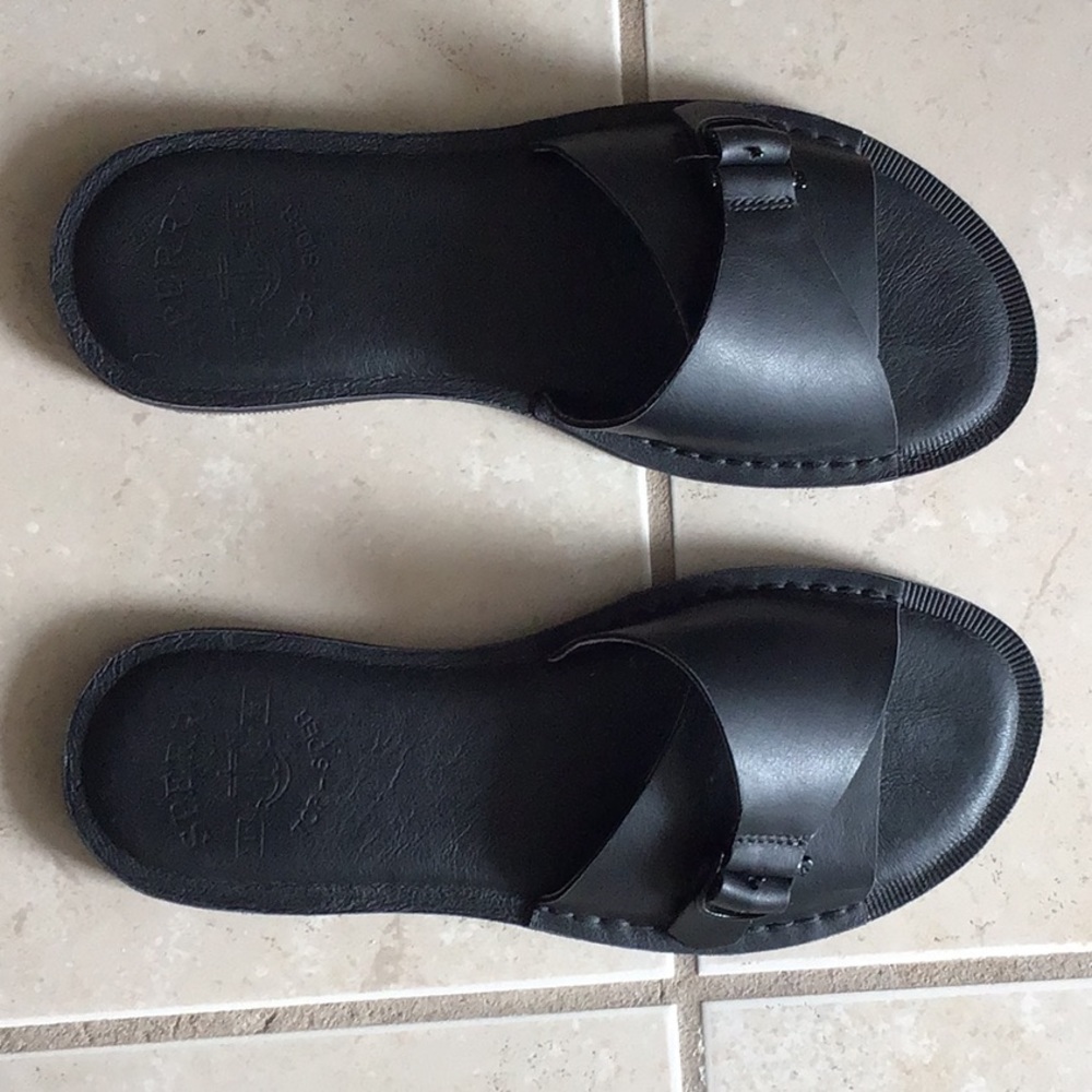 Sperry sandals.  Black with buckle